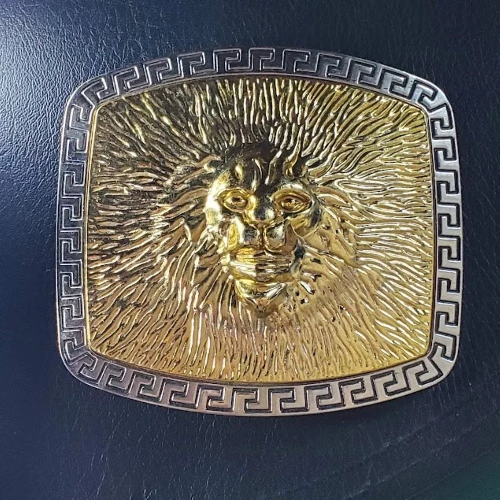 Lion Head Belt Buckle Two Tone Gold Silver Greek Key Border Statement Fashion